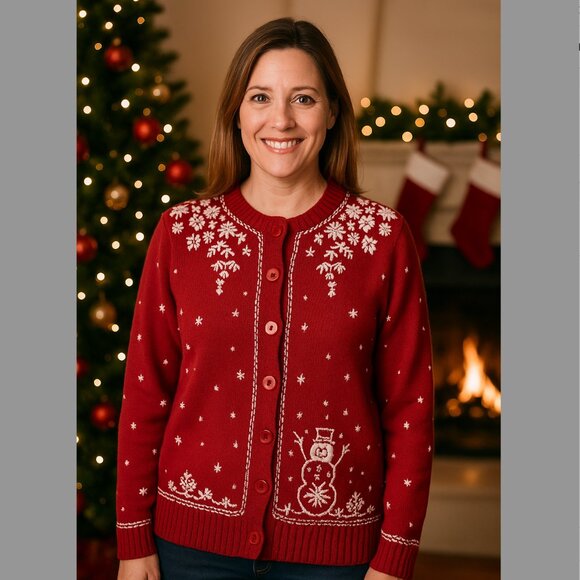 Appleseeds Festive Red Christmas Cardigan Sweater Snowman Snowflake Embroidery - Picture 1 of 14